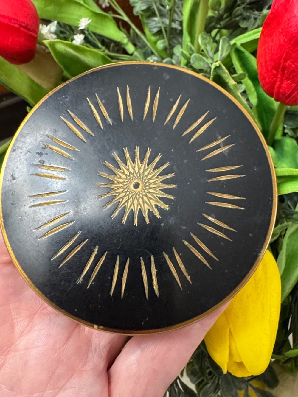 Vintage Black Crown Compact with Gold Sunburst Design Great Britain